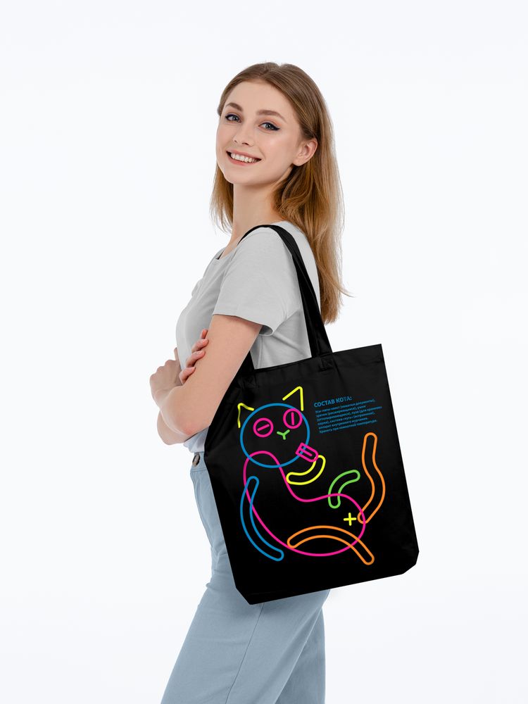 Холщовая сумка с термонаклейками «Собери кота», черная